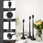 Black Taper Candle Holder 3-Pack - Iron Taper Candle Stick Holders for Table Decor, Wedding, Party - Fits 3/4 Inch Candles