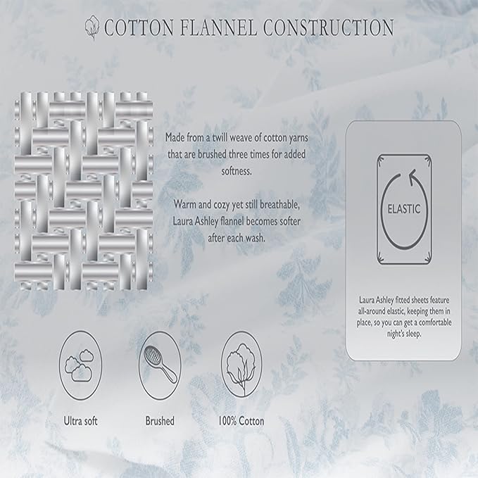 Laura Ashley - Flannel Sheets Twin Size, Anti-Pilling & Wrinkle Resistant Cotton, Touchably Soft for All-Season Comfort - Bed Sheets with Matching Pillowcase & Fitted Sheet (Crestwood Pastel Grey)