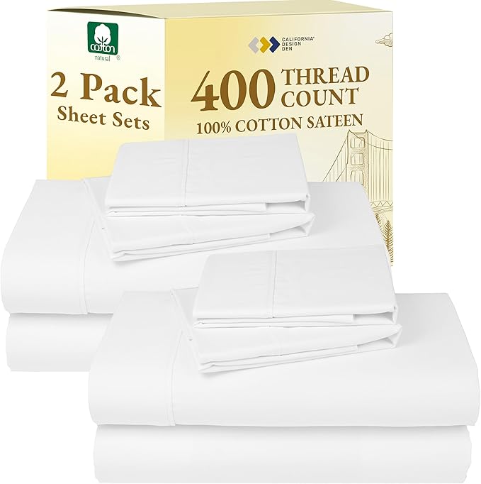 California Design Den 2-Pack 100% Cotton King Size Sheets Set 400 Thread Count Sateen - Extra Soft, Breathable & Cooling Sheets, Wrinkle Resistant, 2 Sets of Deep Pocket Bed Sheets - Antique White