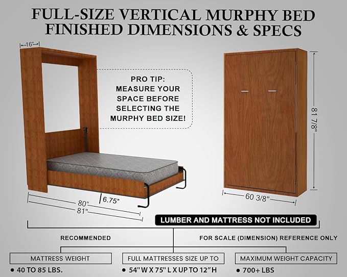 Full Size DIY Murphy Bed Hardware Kit – Vertical Wall Bed for Space-Saving - Budget-Friendly DIY Setup - Made in USA - Hide Away Design with Full Murphy Bed Hardware - Bed Lift Mechanism - Pull Down