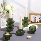 Green Taper Candle Holders Set of 10 for Taper Candles/Tea Lights, Ribbed Glass Candlestick Holders for Boho Wedding Table, Vintage Candle Sticks Holder Decor Home Decor