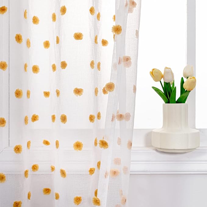 MYSKY HOME Pom Pom Curtains for Girls Bedroom 63 Inch Burnt Orange Curains for Nursery Kids Room Sheer Curtains for Living Room Dining Room Rod Pocket Small Window 52" x 63" Set of 2