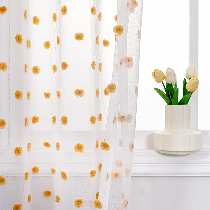 MYSKY HOME Burnt Orange Pom Pom Curtains for Bedroom, Small Windows, Light Filtering, White Sheer, Short Cafe, Bathroom Privacy, Rod Pocket, 52 x 45 inch, 2 Panels