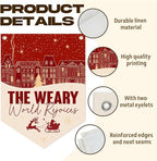 Christmas Wall Hanging Banner, "The Weary World Rejoices" Canvas Wall Art, Festive Town & Santa Sleigh Print Hanging Decor for Home, Living Room, Bedroom Holiday Decoration, 15.7 x 21.6 In