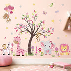 decalmile Pink Animal Tree Wall Decals Forest Lion Elephant Monkey Wall Stickers Girls Bedroom Baby Nursery Wall Decor