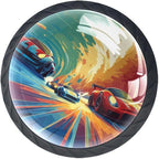 Race Cars with Colorful Racing Track Cabinet Knobs, 35mm Round Glass Knobs for Dressers and Drawers, Decorative Handles Pulls for Home Kitchen Bedroom, 4 Pack