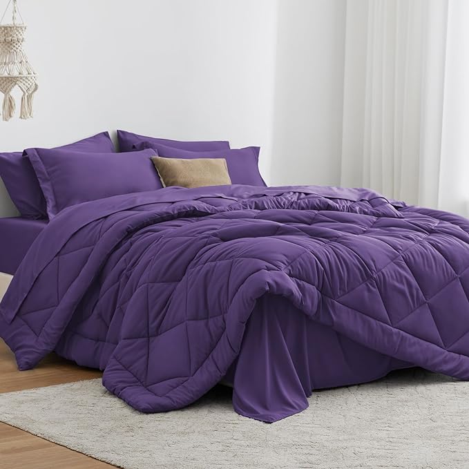 Love's cabin California King Comforter Set Purple, 7 Pieces California King Bed in a Bag, All Season Bedding Sets with 1 Comforter, 1 Flat Sheet, 1 Fitted Sheet, 2 Pillowcase and 2 Pillow Sham