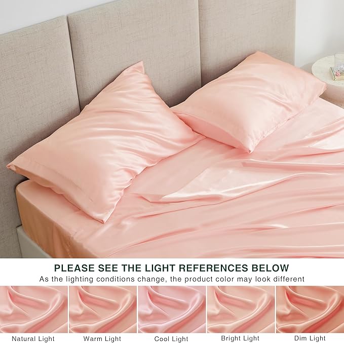 Love's cabin California King Satin Sheet Sets - 4 Piece Coral Silky Sheets Bed Set with Deep Pocket, Luxury Silk Feel Satin Cal King Sheet Set (1 Flat Sheet,1 Fitted Sheet,2 Pillow Cases)