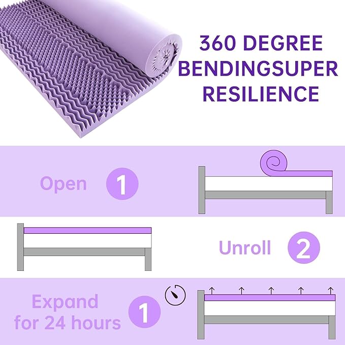MUXHOMO 2 Inch 7-Zone Queen Mattress Topper, Egg Crate Foam Mattress Topper Queen Size for Back Pain, Lavender Cooling Gel Infused Bed Pad, CertiPUR-US and Oeko-TEX Certification (60"×80")