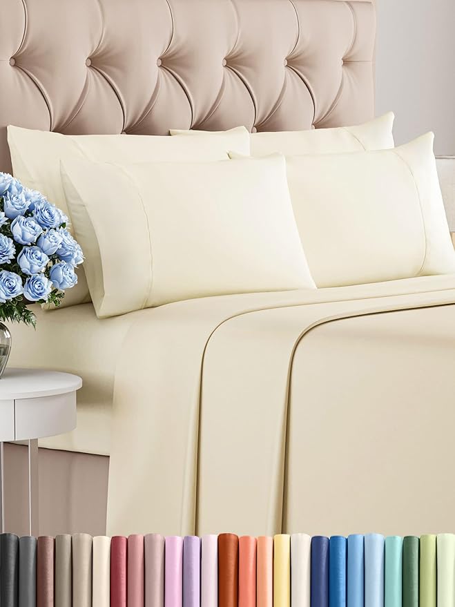 King Sheets Set 6 Piece - Includes 4 Pillowcases - Bed Sheets King Size - Soft Hotel Luxury Bedding - Cooling, Comfy, Cozy & Breathable - 1 Flat & 1 Fitted & 4 Pillowcases w/ Deep Pockets - Off White