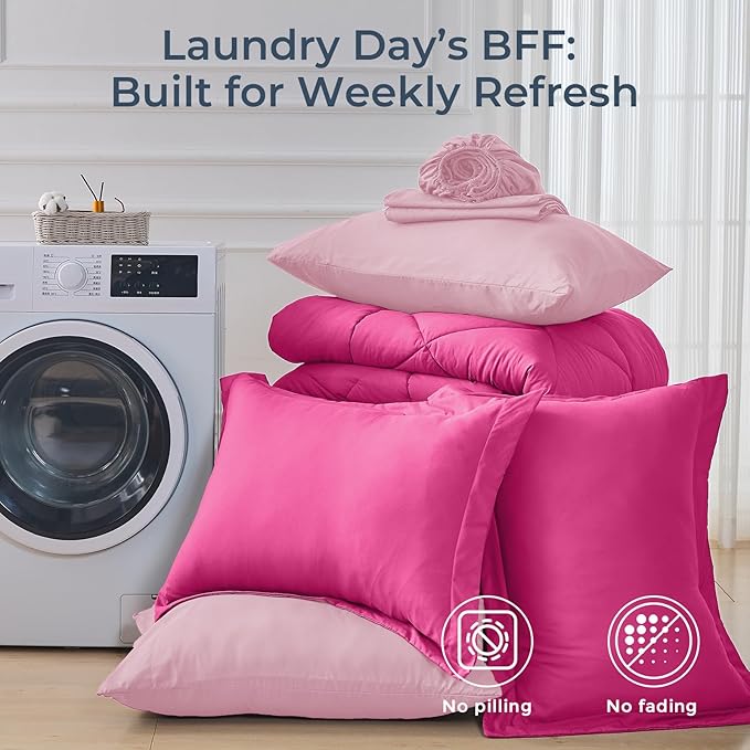 HEVUMYI Hot Pink & Baby Pink Twin-XL Comforter Set - 5-Piece All Season Bed in a Bag Twin-XL, Ultra Soft Bedding Set with Comforter, Flat Sheet, Fitted Sheet, Pillowcases, Pillow Shams