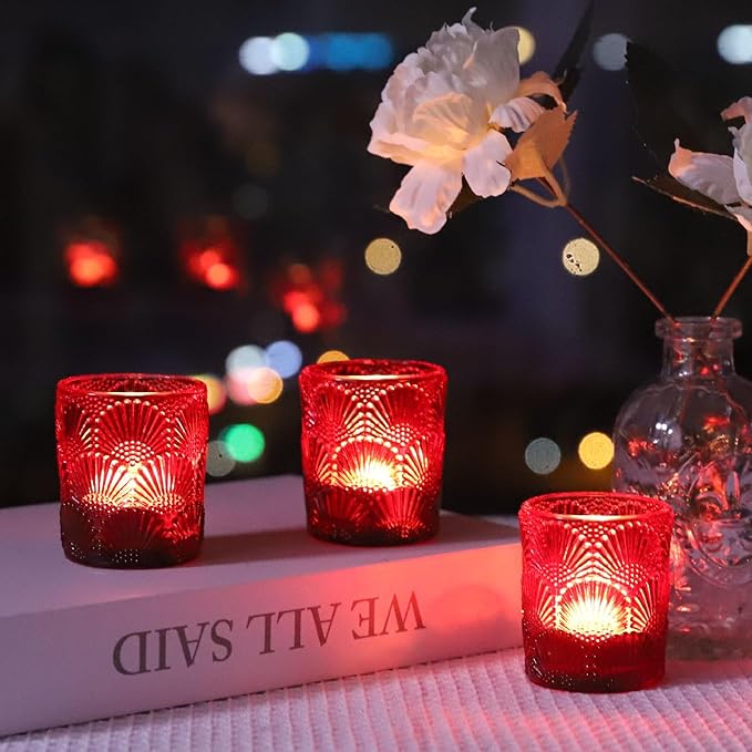 Woho Red Votive Candle Holders Set of 24 Boho Style, Ginkgo Leaves Pattern Tealight Candle Holder for Wedding Table Decor, Vintage Glass Tea Lights Candle Holder for Christmas/Vantines Day Decorations