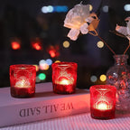 Woho Red Votive Candle Holders Set of 24 Boho Style, Ginkgo Leaves Pattern Tealight Candle Holder for Wedding Table Decor, Vintage Glass Tea Lights Candle Holder for Christmas/Vantines Day Decorations