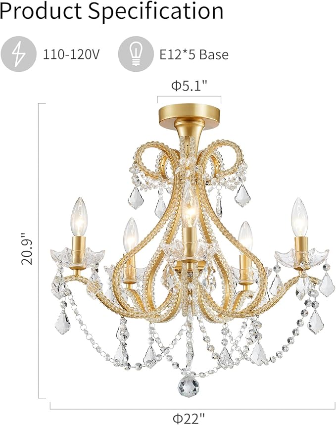 WUZUPS 5-Light Crystal Candle Chandelier Flushmount Ceiling Light Modern Lighting Fixture for Bedroom Hallway Bar Kitchen Bathroom, H 20.9" W 22", E12 Base, Gold
