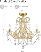 WUZUPS 5-Light Crystal Candle Chandelier Flushmount Ceiling Light Modern Lighting Fixture for Bedroom Hallway Bar Kitchen Bathroom, H 20.9" W 22", E12 Base, Gold