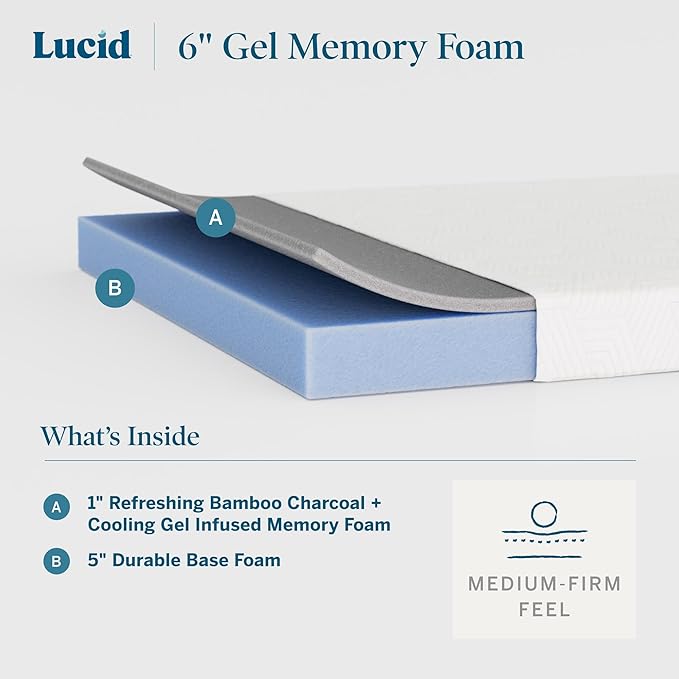 Lucid 6 Inch Memory Foam Mattress – Low Profile – Medium Firm Feel - Infused with Bamboo Charcoal and Gel - Bed in a Box - Temperature Regulating - Breathable - Twin XL Size