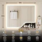 40"x 32" LED Bathroom Mirror with Shelf, Wall-Mounted Backlit Vanity Mirror with Lights, Smart Bathroom Mirror with 3 Colors, Anti-Fog, Stepless Dimmable, Memory (UL, ETL)