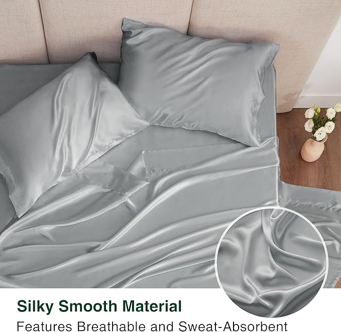 Love's cabin Satin Queen Sheets Set - 4 Piece Silver Silky Bed Sheets with Deep Pocket, Luxury Silk Feel Satin Queen Size Sheet Set (1 Flat Sheet,1 Fitted Sheet,2 Pillow Cases)