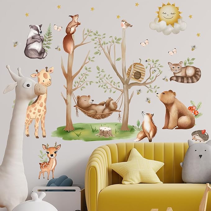 Jungle Animal Wall Stickers Forest Safari Wall Decals Kid Room Nursery Baby Bedroom Décor (Bear Swing)