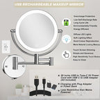 Wall Mounted Makeup Mirror with Lights and 10X Magnification, 8 Inches Rechargeable Double Sided Magnifying, Touch Dimmable Extended Arm 360 Rotation, Foldable Vanity Mirror for Bathroom