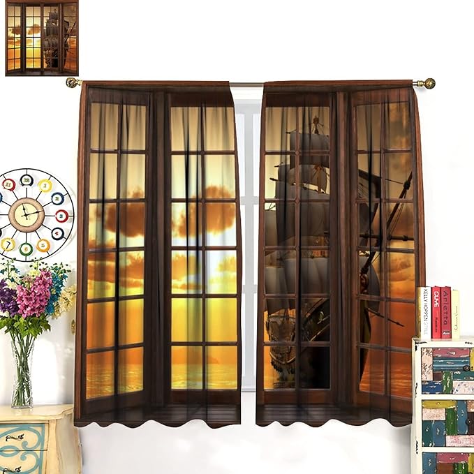 Retro Ship Curtains, Window View Sailing Boat Ship Schooner, Nautical Style Ocean Sunset Landscape Print Blackout Window Drapes for Boys Bedroom Living Room 52x84in