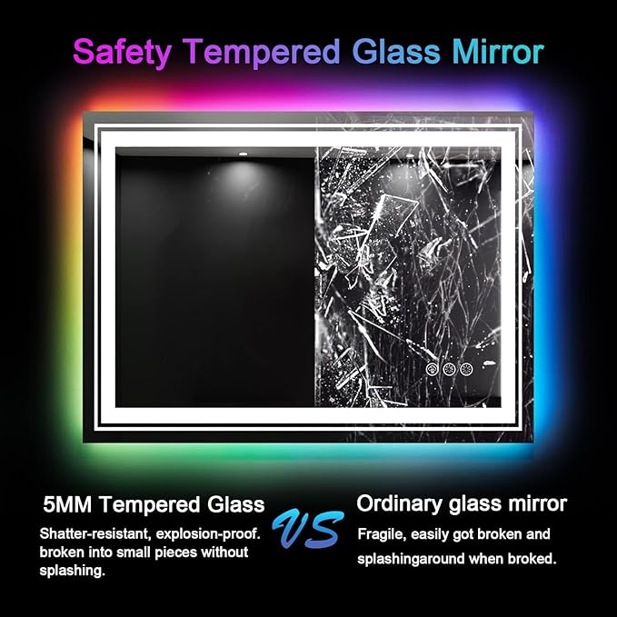 LED Mirror for Bathroom, 60"X28" with 8 RGB Backlit +3 Front Lit (Adjustable Individually), Anti-Fog, Large Lighted Bathroom Vanity Mirror for Wall,Shatterproof,Memory Function,Tempered Glass