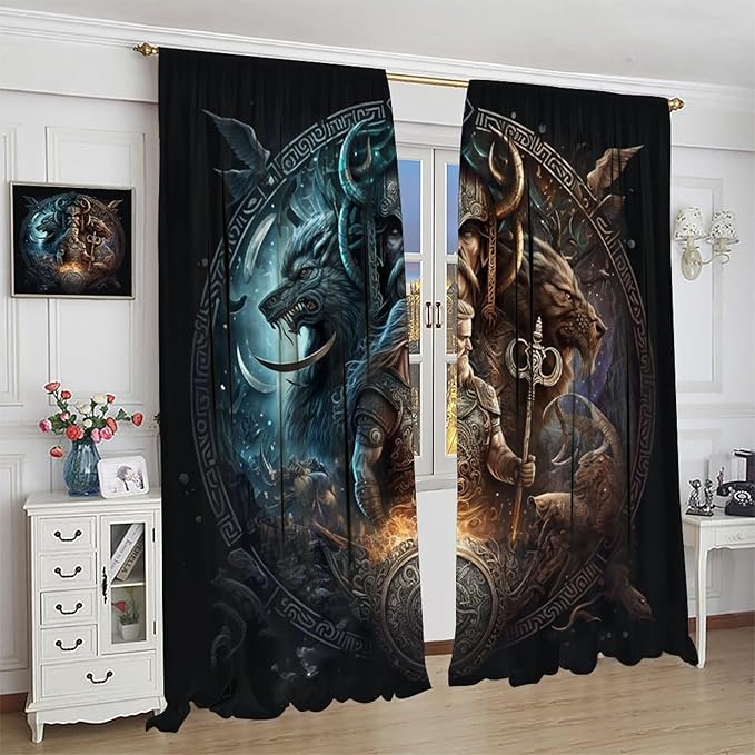 Cool Norse Viking Theme Curtains,Fantasy Ancient Symbols Wildlife Wolf Nordic Vikings Window Drapes Thermal Insulated Rod Pocket Blackout Drapes for Bedroom 2 Panels 63L x 36W