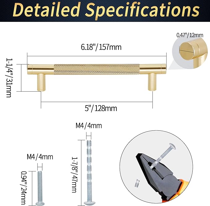 Knurled Cabinet Pulls 6 Pack, 6 Inch Long Cabinet Handles Metal Door Pulls, Kitchen Drawer Pull Knurled Dresser Handles - 5" Hole to Hole, Golden