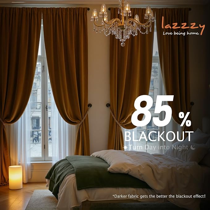 Lazzzy Velvet Blackout Curtains Thermal Insulated Room Window Drapes Super Soft Luxury Curtains for Living Room Bedroom Rod Pocket 2 Panels, Gold Brown, 62" W x 108" L
