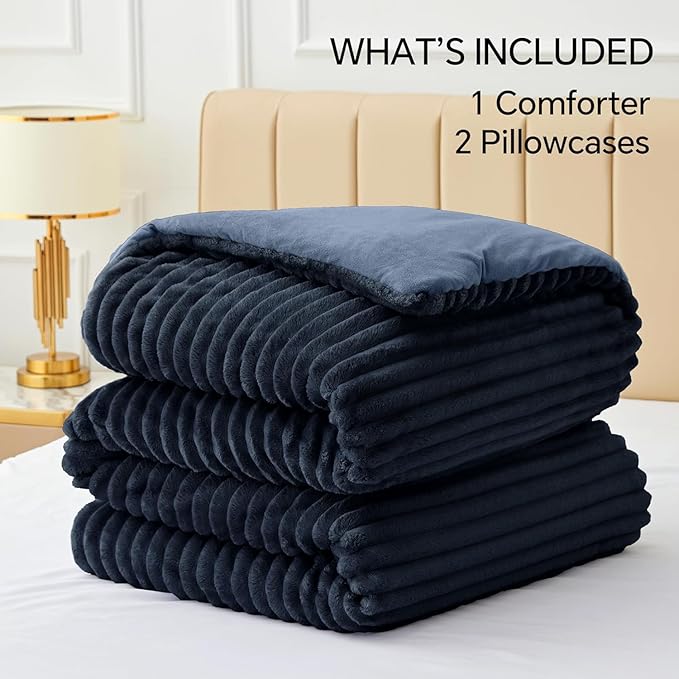 BEDELITE Fleece California King Comforter Set -Super Soft & Warm Fluffy Navy Blue Bedding, Luxury Fuzzy Heavy Bed Set for Winter with 2 Pillow Cases