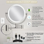 Makeup Mirror Wall Mounted with Lights and 10X Magnification, 8 Inches Rechargeable Double Sided Magnifying, Touch Dimmable Extended Arm 360 Rotation, Foldable Cosmetic Mirror Brushed Nickel
