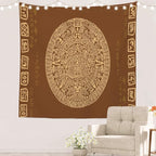 Batmerry Brown Ancient Mayan Tapestry, Calendar Wall Art Hanging Decoration Polyester Fiber White Ruffled Around for Dorm Room Bedroom Living Room, 59.1x59.1 inches