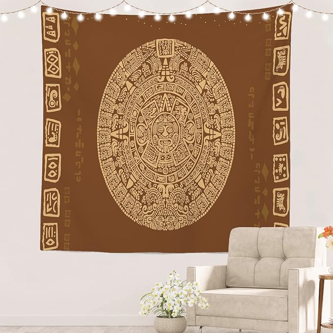 Batmerry Brown Ancient Mayan Tapestry, Calendar Wall Art Hanging Decoration Polyester Fiber White Ruffled Around for Dorm Room Bedroom Living Room, 59.1x59.1 inches