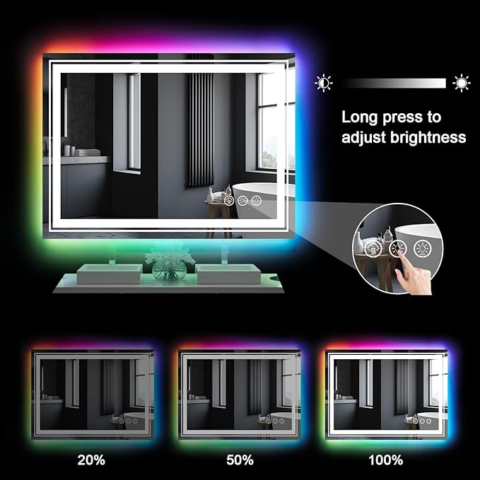LED Mirror for Bathroom, 48"X40" with 8 RGB Backlit +3 Front Lit (Adjustable Individually), Anti-Fog, Large Lighted Bathroom Vanity Mirror for Wall,Shatterproof,Memory Function,Tempered Glass