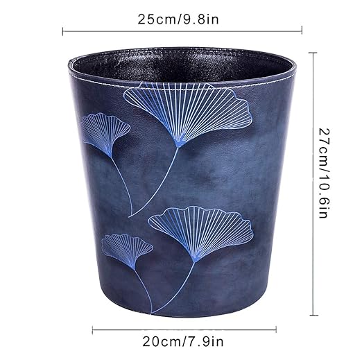 10L/2.64 Gallon Trash Can, Decorative Waste Basket, PU Leather Waste Paper Basket, Waterproof Garbage Can for Bathroom, Bedroom, Office, Kitchen and Living Room - Blue Lines Leaves