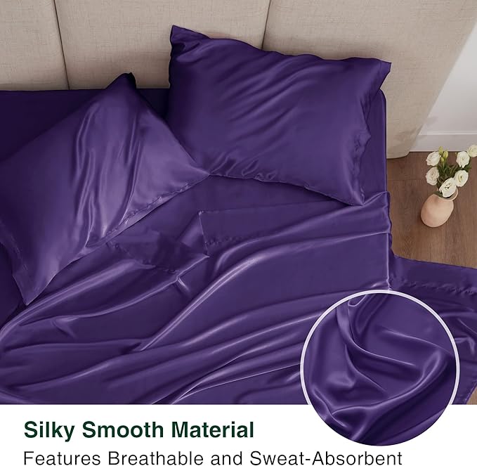 Love's cabin Full Size Satin Sheet Sets - 4 Piece Purple Silky Sheet Set Full with Deep Pocket, Luxury Silk Feel Bed Sheets Full Bedding Set (1 Flat Sheet,1 Fitted Sheet,2 Pillow Cases)