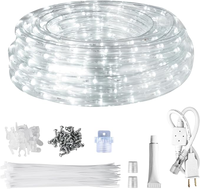 SURNIE Rope Lights Outdoor Waterproof Daylight White: LED 33FT Cuttable Outside Bright 110V Lighting 6000K Flexible Cool Clear Tube, Indoor Deck Patio Xmas Camping Decor, Not Flat Strip