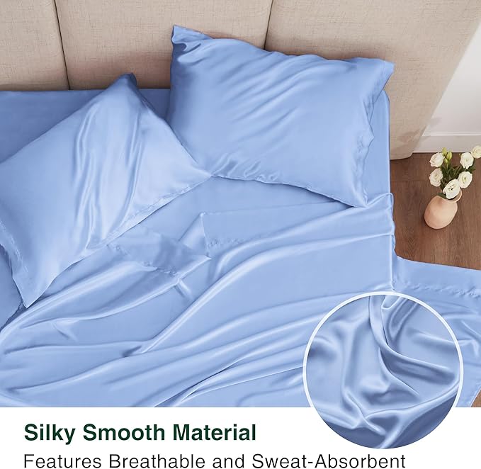 Love's cabin Satin Queen Sheets Set - 4 Piece Sky Blue Silky Bed Sheets with Deep Pocket, Luxury Silk Feel Satin Queen Size Sheet Set (1 Flat Sheet,1 Fitted Sheet,2 Pillow Cases)