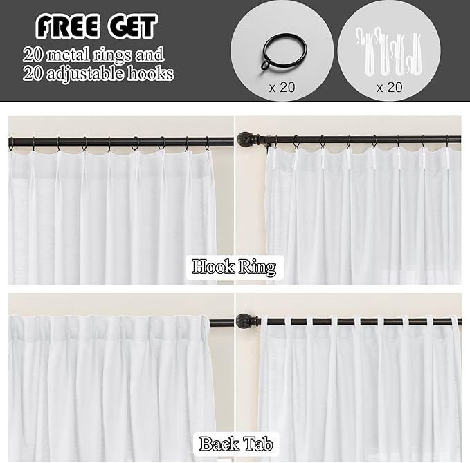 White Sheer Linen Pinch Pleated Sliding Door Curtains, 2x50 Inches Width, Cotton Look Light Filtering Drapes 102 Inches Long, Soft Textured Farmhouse Floor to Ceiling Window Curtain Panels