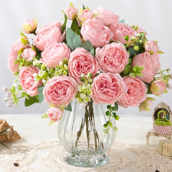 Artificial Peonies Silk Flowers in Glass Vase Faux Flowers Bouquets Modern Penoy Arrangement 4 Pack for Home Decoration Table Centerpiece (Pink)
