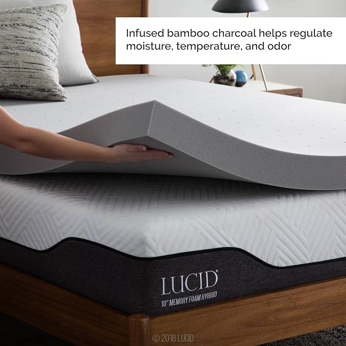 LUCID 4 Inch Bamboo Infused Memory Foam Mattress Topper - King Size – Cooling Ventilation – Pressure Relieving Bed Topper - Mattress Pad – CertiPur Certified