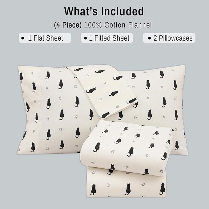 RUVANTI Flannel Sheets Full Size - 100% Cotton Double Brushed Bed Sheets Set, Deep Pockets 16 Inches, All Seasons Breathable & Extra Soft Full Sheets, Warm & Cozy, 4 Piece, Black Cat
