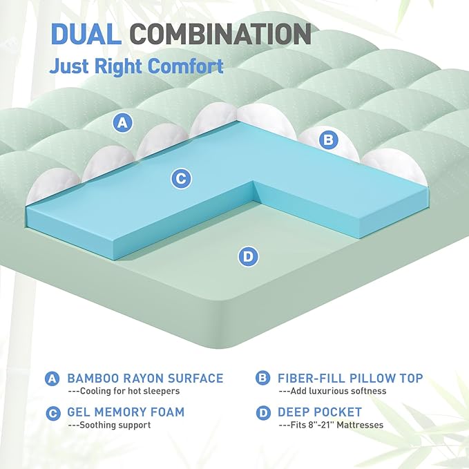 Dual Layer 3 Inch Memory Foam Mattress Topper Twin XL Size, 2 Inch Gel Memory Foam Plus 1 Inch Cooling Pillow Top Mattress Pad Cover, with 8-21 Inch Deep Pocket, Green