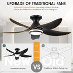 46 inch Ceiling Fans with Lights and Remote/APP Control, Modern Flush Mount Ceiling Fans with 5 Reversible Blades 6 Speeds, 3 Colors Dimmable+Ring Lights for Bedroom Dining Room, Black