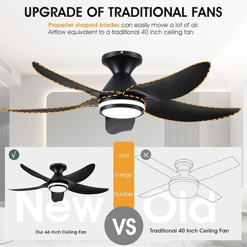 46 inch Ceiling Fans with Lights and Remote/APP Control, Modern Flush Mount Ceiling Fans with 5 Reversible Blades 6 Speeds, 3 Colors Dimmable+Ring Lights for Bedroom Dining Room, Black