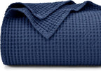 PHF 100% Cotton Waffle Weave Blanket Twin Size for Bed,Snag Proof Lightweight Breathable Throw for Couch,Machine Washable,Great for Layering in Cold Weather,Home Decor Gift-Navy Blue/Bright Blue