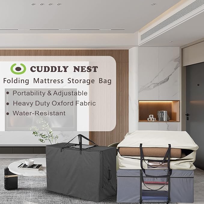 Cuddly Nest Folding Mattress Storage Bag - Heavy Duty Carry Case for Tri-Fold Guest Bed (Fits 4" Single Mattress,Black)