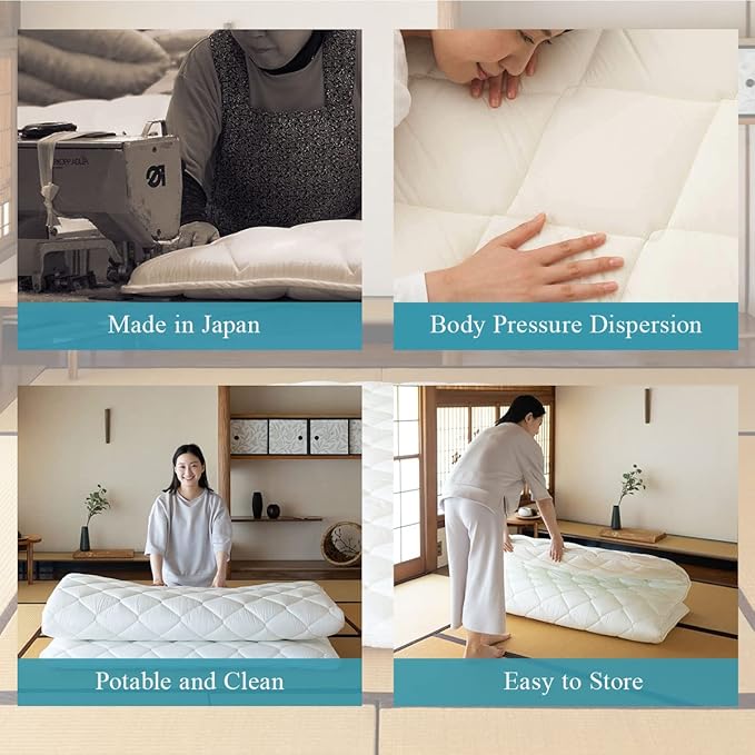 EMOOR Japanese Futon Mattress CLASSE & Fitted Sheet PRESSO Full (55x79in) Made in Japan, Cotton (White) Foldable Floor Sleeping Bed Tatami Mat