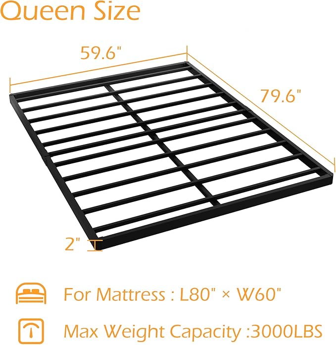 Queen Size Box Spring 2 Inch Low Profile, Heavy Duty Metal Box Spring Bed Base Bunkie Board, Mattress Foundation, Easy Assembly, Noise Free, Black