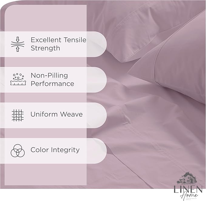 Linen Home 100% Cotton Percale Sheets Twin Size,Mauve Lavender, Deep Pocket, 3 Pieces Set - 1 Flat, 1 Deep Pocket Fitted Sheet and 1 Pillowcase, Crisp Cool and Strong Bed Linen